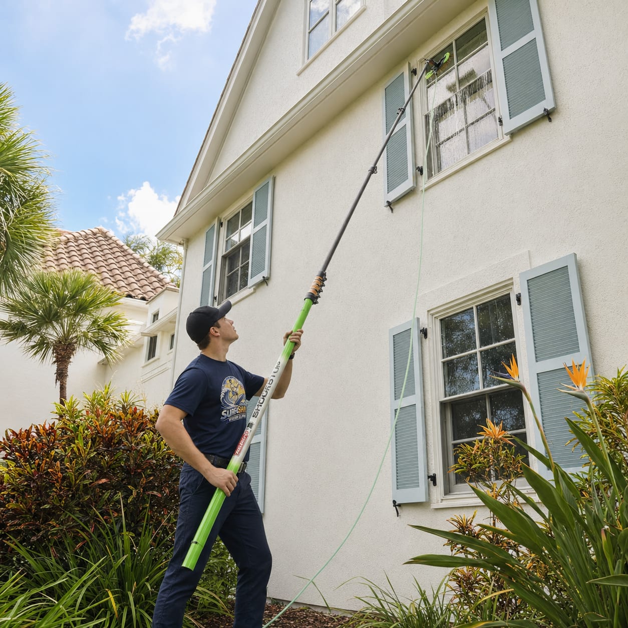 Water-fed pole window cleaning system in use on a two-story Melbourne, FL home